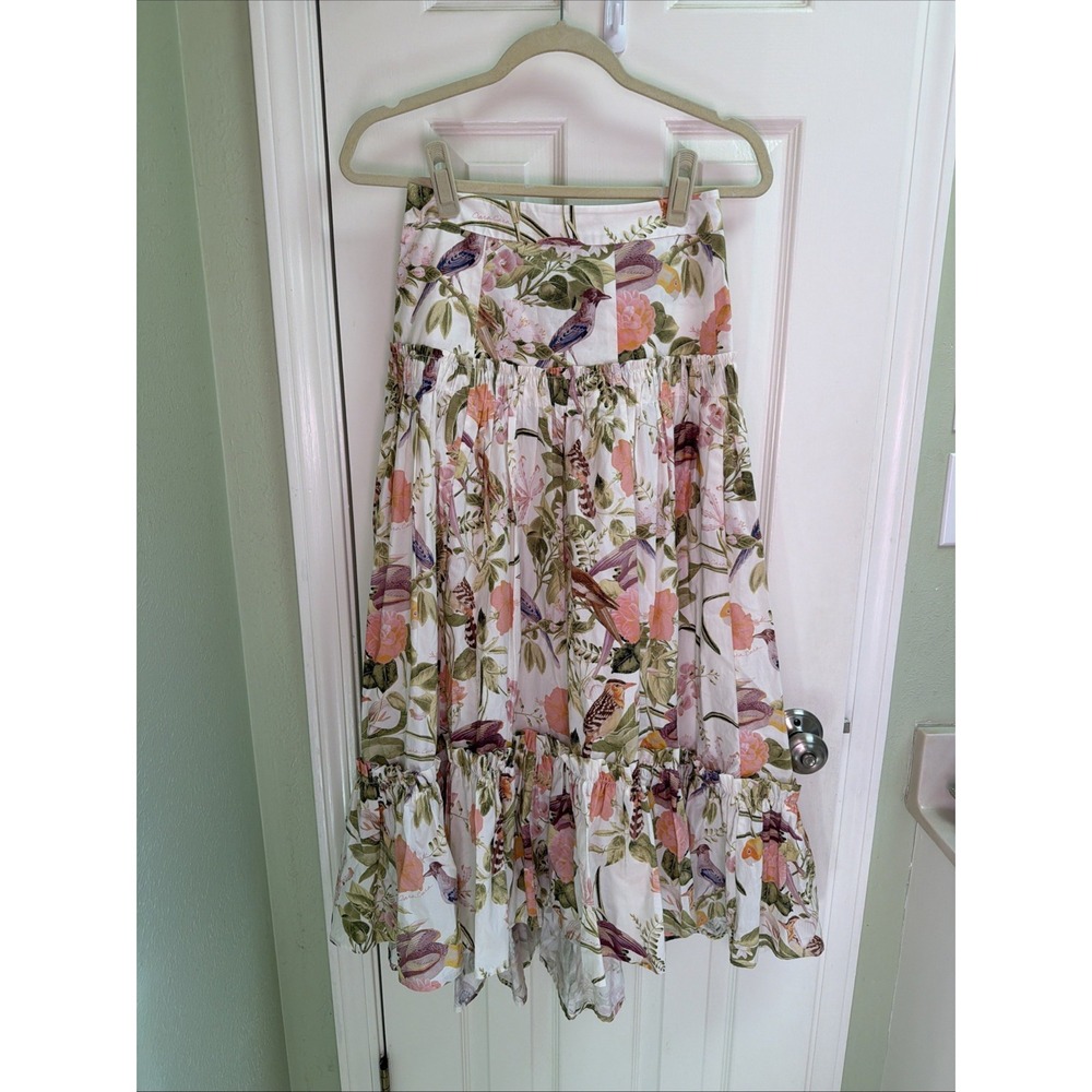 Cara Cara Tisbury Maxi Skirt Sz 0 Boho All Over Print Floral Birds Tiered Cotton